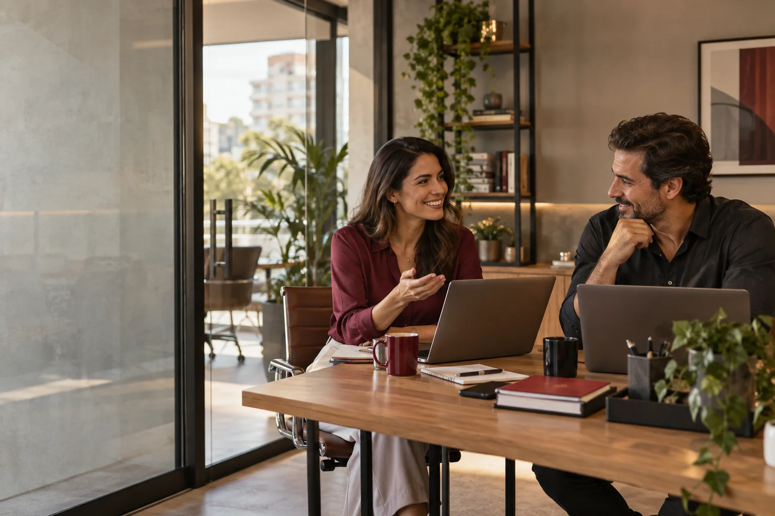 Profissionais conversando sobre a rotina de trabalho em uma empresa